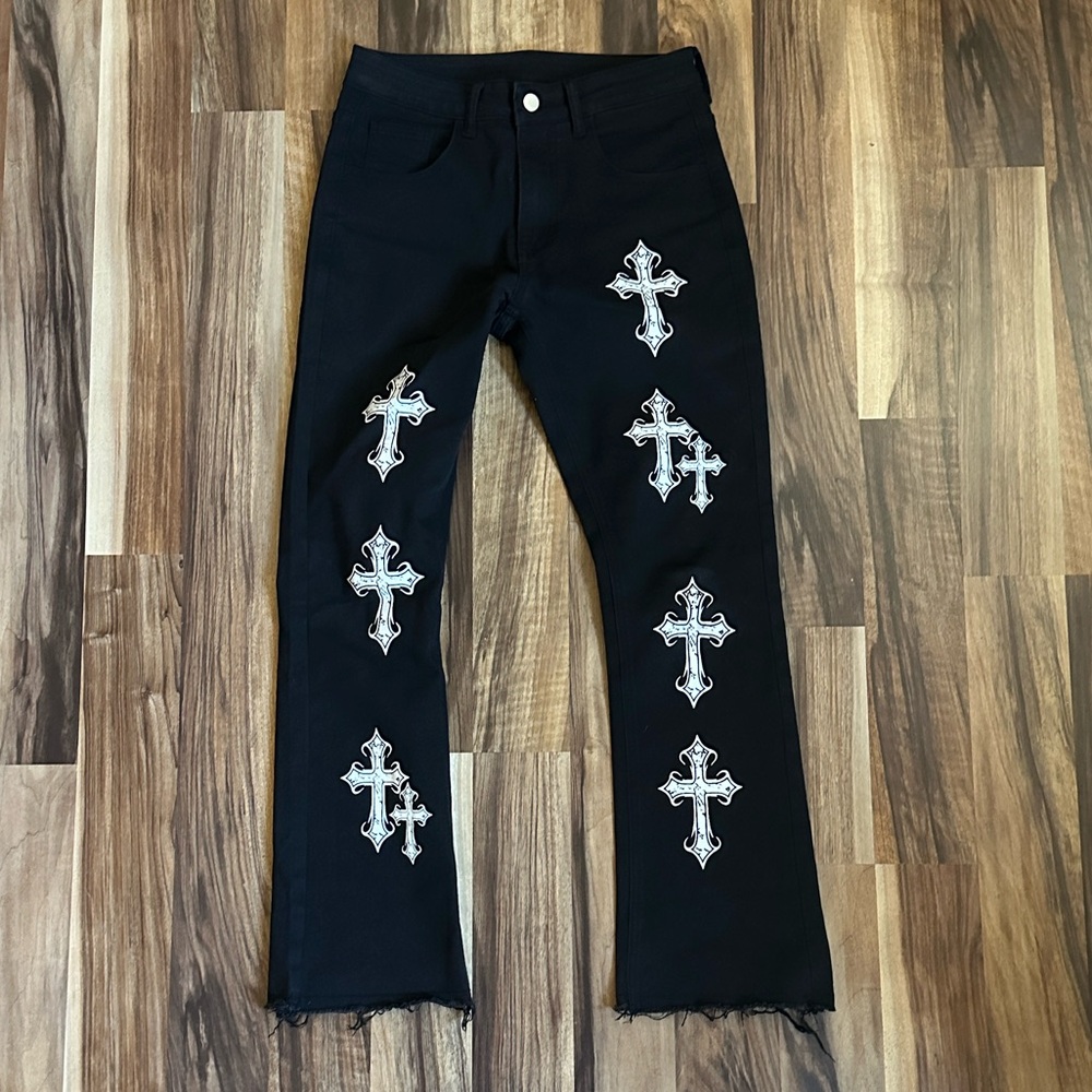 Stylish Black Pants with Cross Embroidery